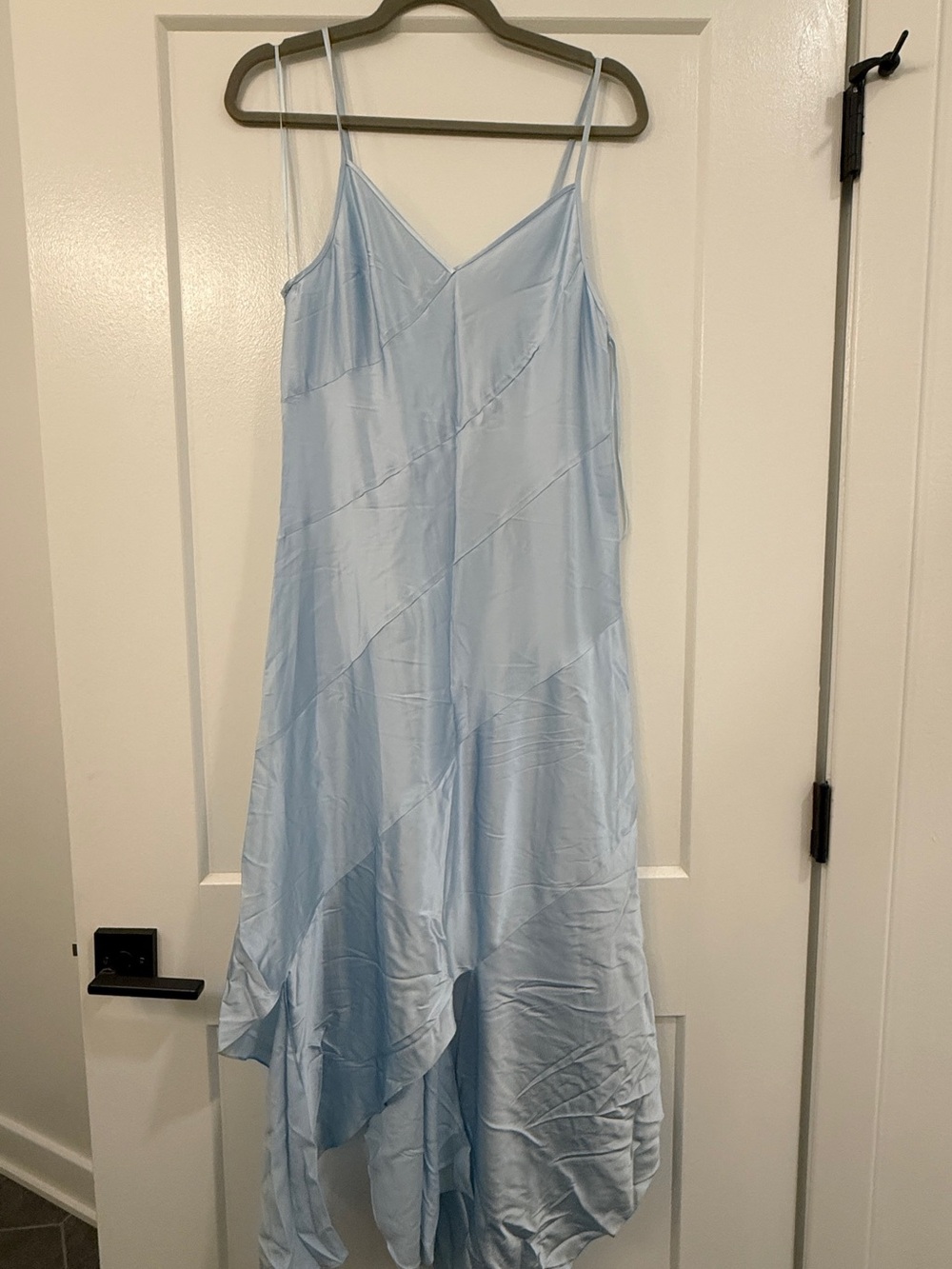 Materiel Light Blue Satin Slip Maxi Dress with Spaghetti Straps
